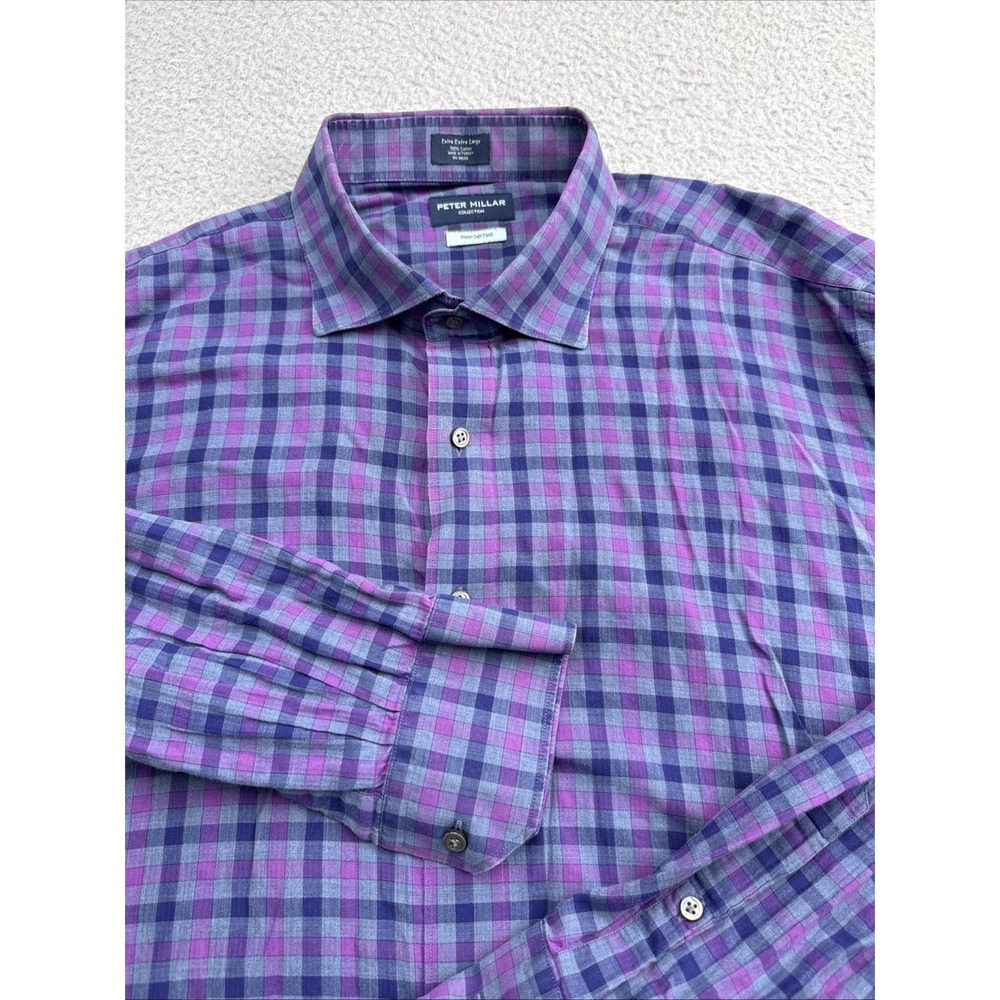 Peter Millar Winter Soft Twill Shirt Mens XXL 2XL L/S Blue Plaid Button Down